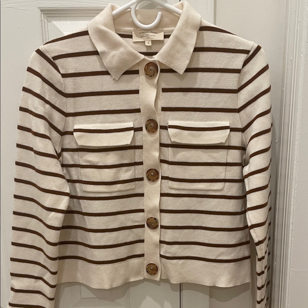 Sezane Cream and Brown Striped Button-Up Cardigan